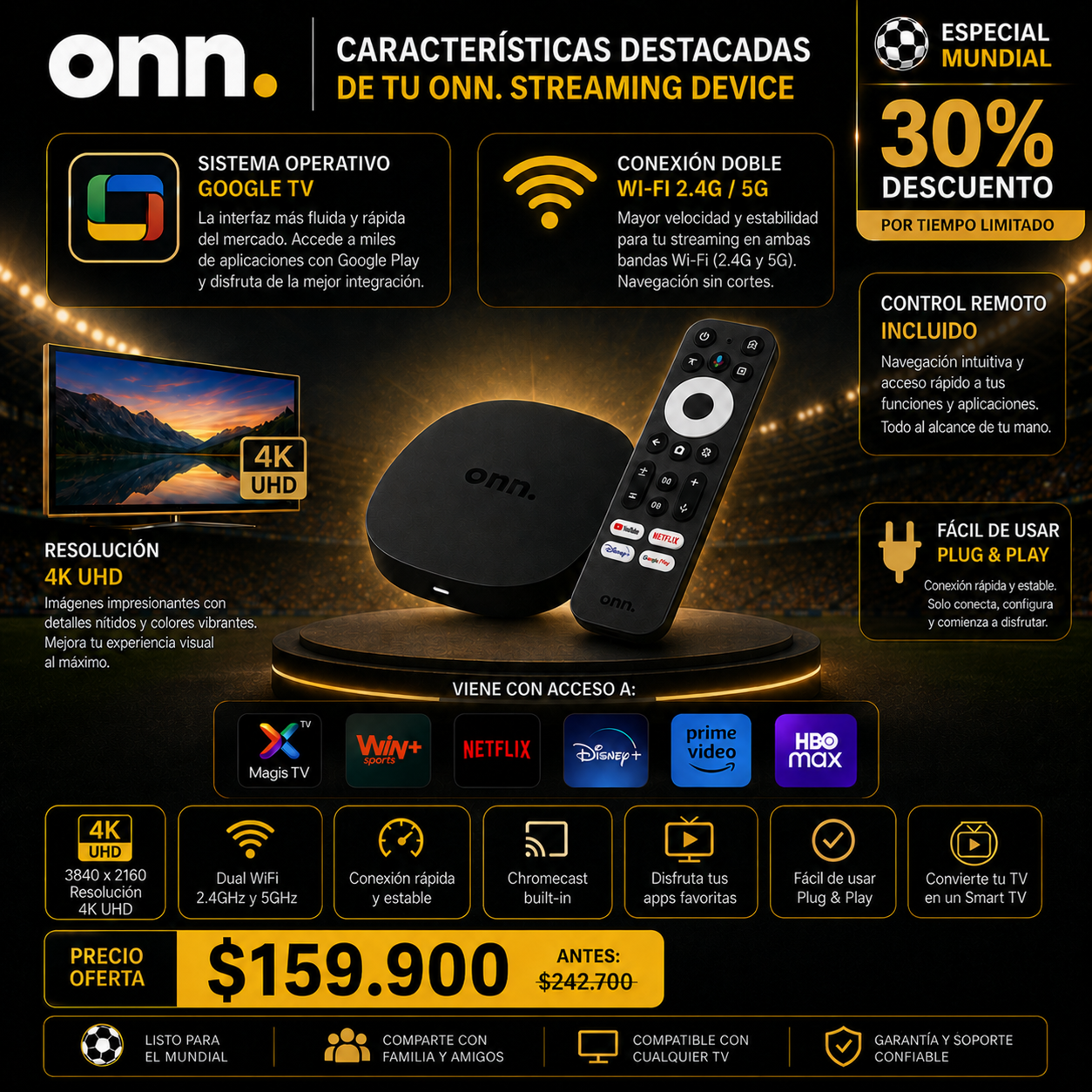 Convertidor de Smart TV 4K (Incluye Magis TV - Win Sports+ ESPN Disney) (Comando de Voz Hey Google)
