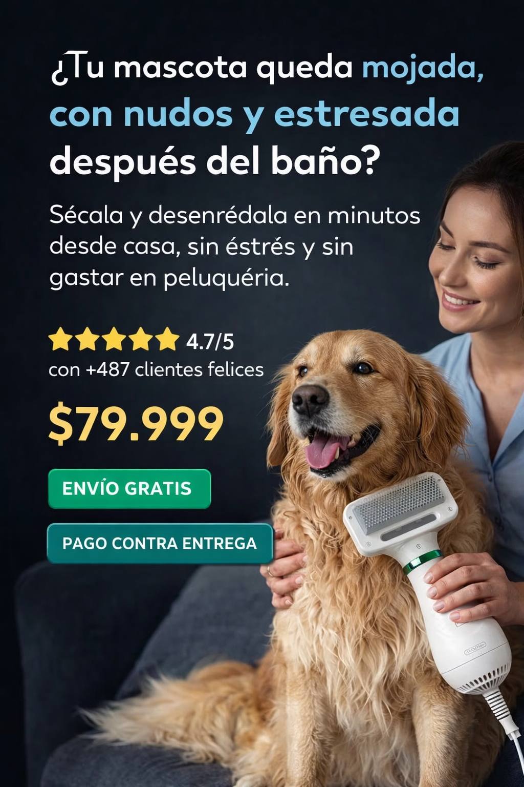 Cepillo Secador 2 en 1 para Perros y Gatos – Seca y Desenreda en Minutos