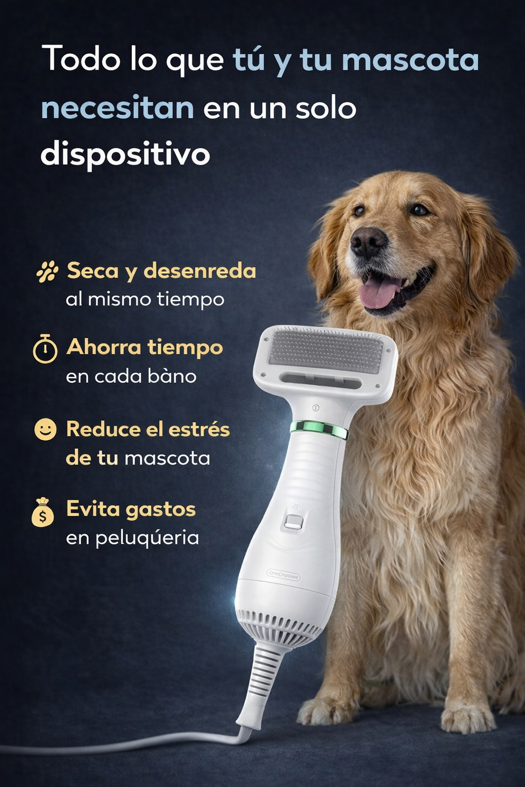 Cepillo Secador 2 en 1 para Perros y Gatos – Seca y Desenreda en Minutos